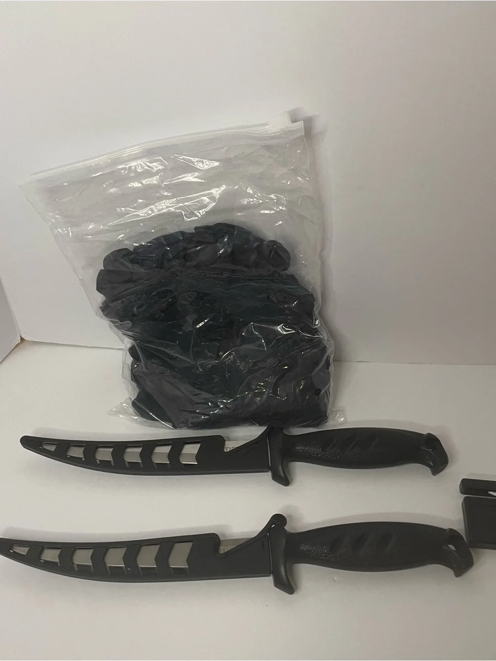 New Atisen 3 Piece Fish Knives Set 2 Knives 6” Blade W Sheaths & Sharpener Black